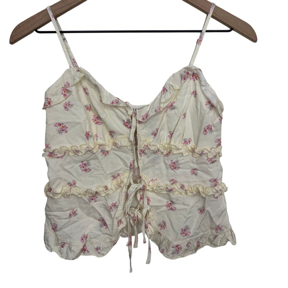 Statement Tie Front Ruffle Crop Tank Top Size Small Cream Floral New Linen Blend
